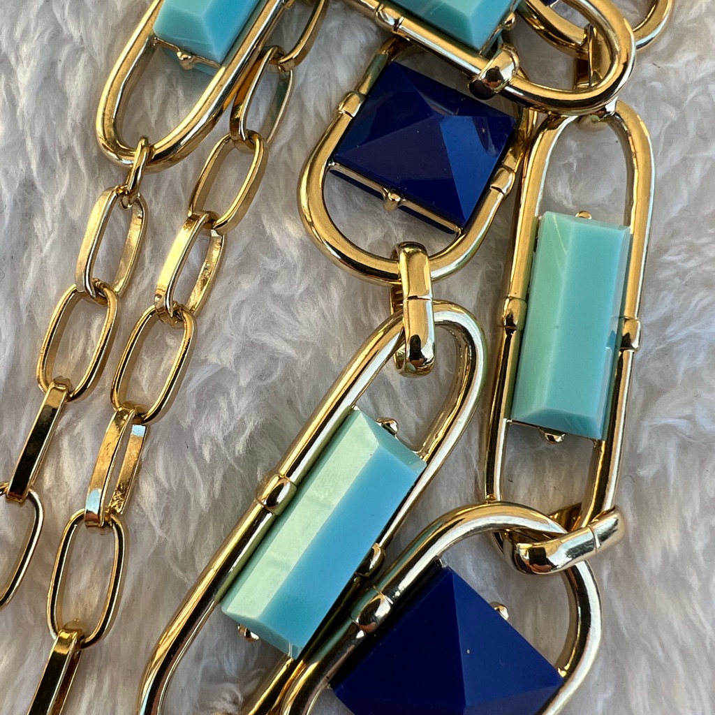 Carolee Stamped Gold Tone With Multi Colored Blues On Chain Linked Necklace.